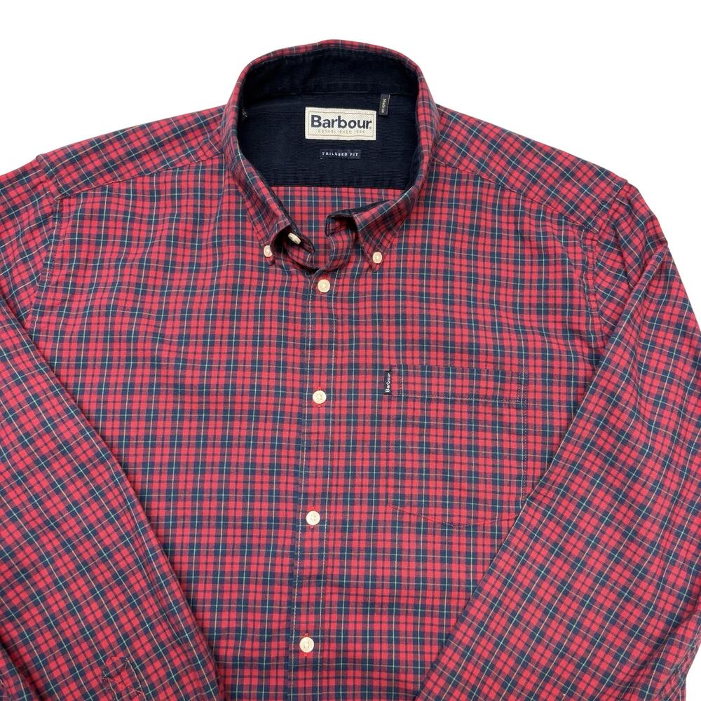 Barbour Red Plaid Shirt Tailored Fit Long Sleeve Button Up Shirt Mens Size L